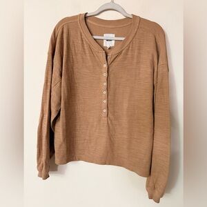Aerie Camel Color Half Button Knit Shirt, size L, EUC